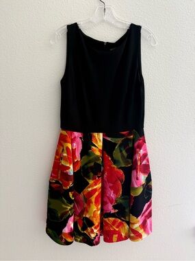 Taylor fit and flare Black Sleeveless Dress with Vibrant Floral Skirt size 8